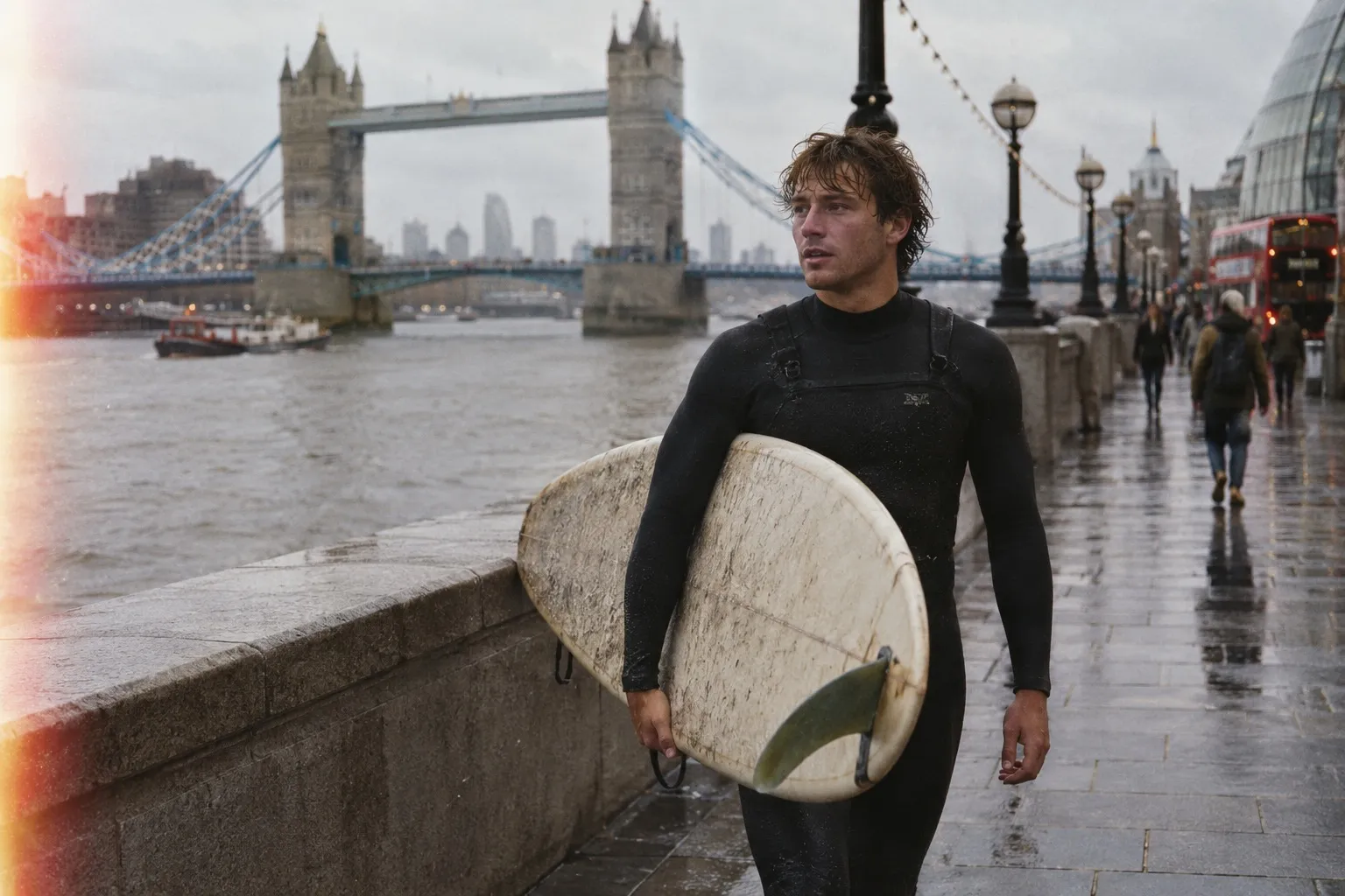 A surfer in a black wetsuit carries a single-fin board along the Thames path, Tower Bridge behind him.