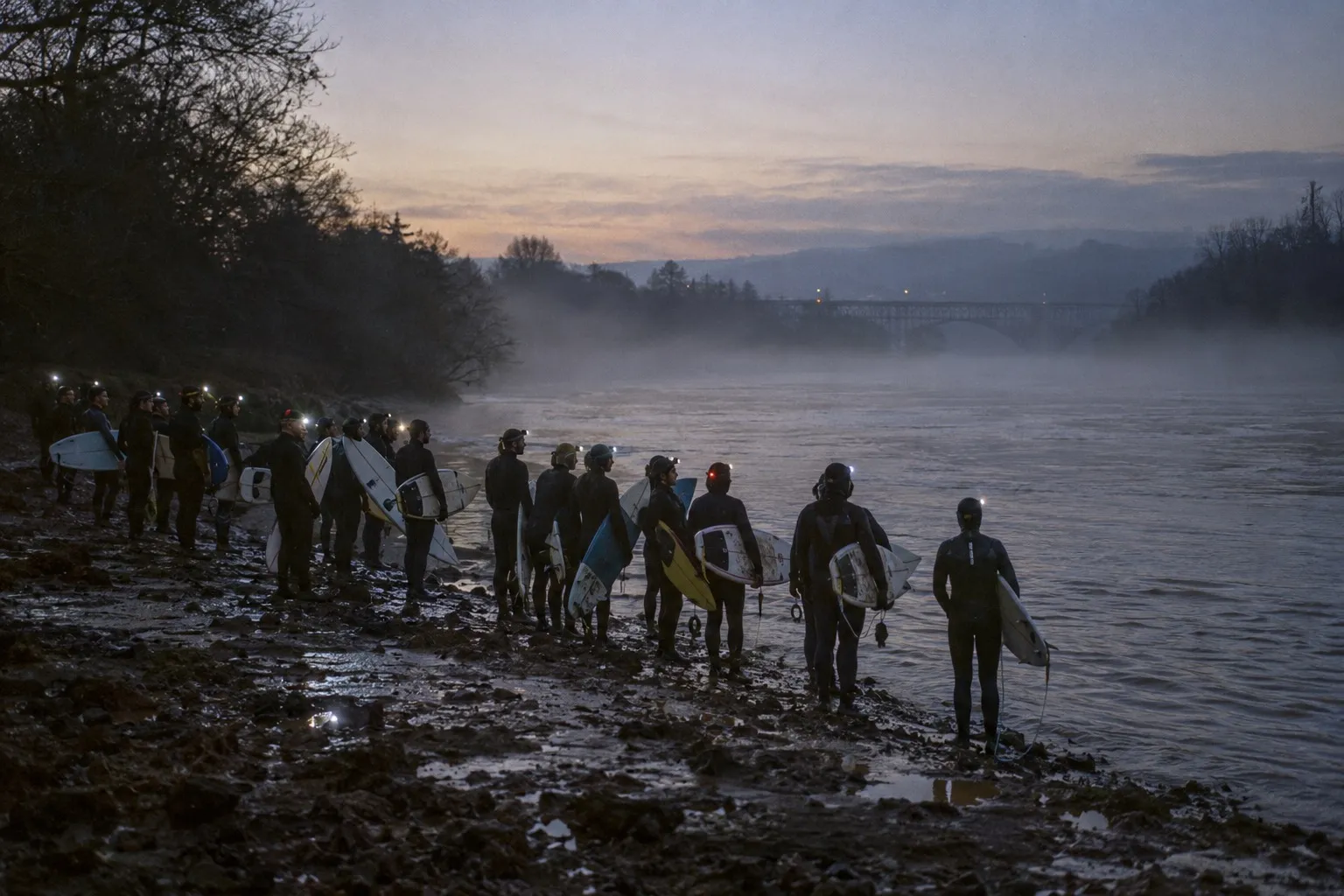 A line of surfers with headtorches waits on the muddy bank of the Severn before dawn
