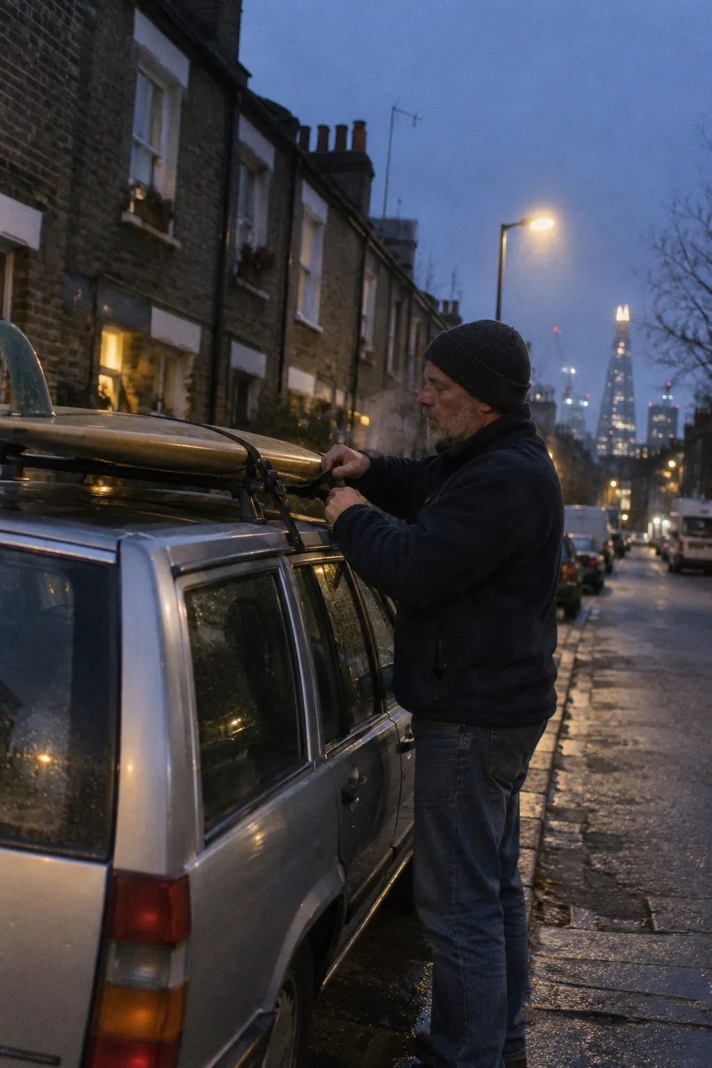 Dave ties a longboard to the roof of his car on a Bermondsey street before dawn