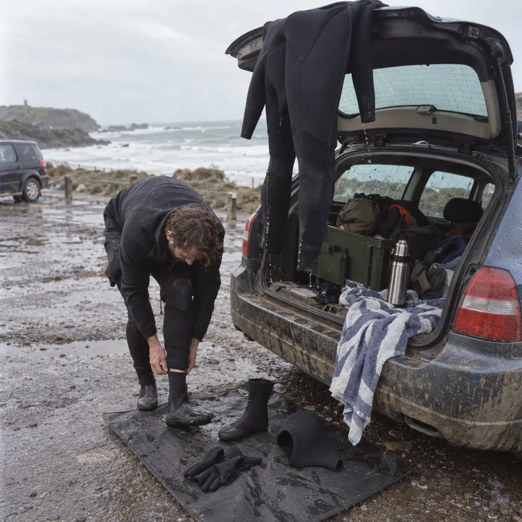 Wetsuit, boots and gloves in the open boot of a car in a seaside car park