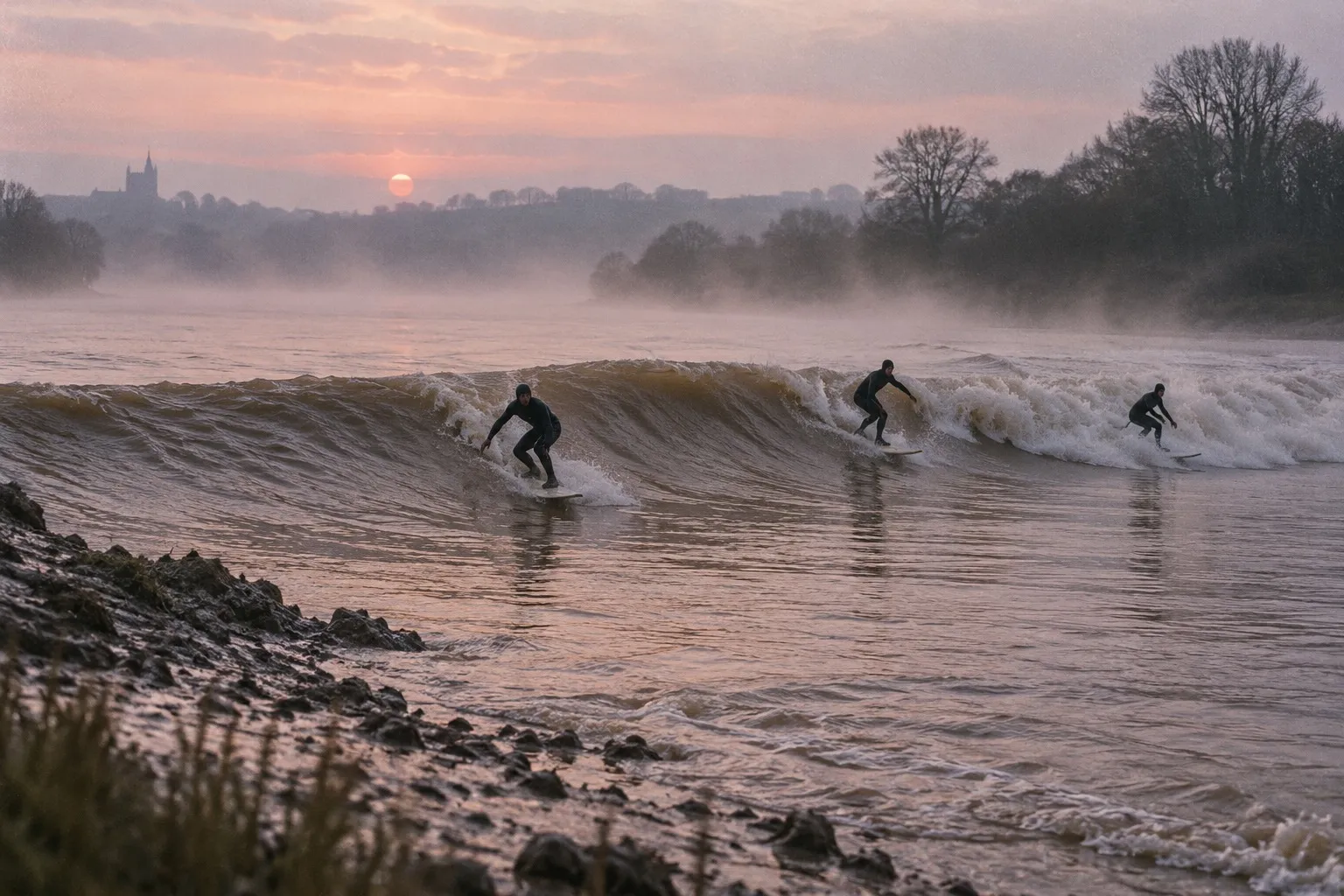Three surfers ride the Severn Bore at dawn