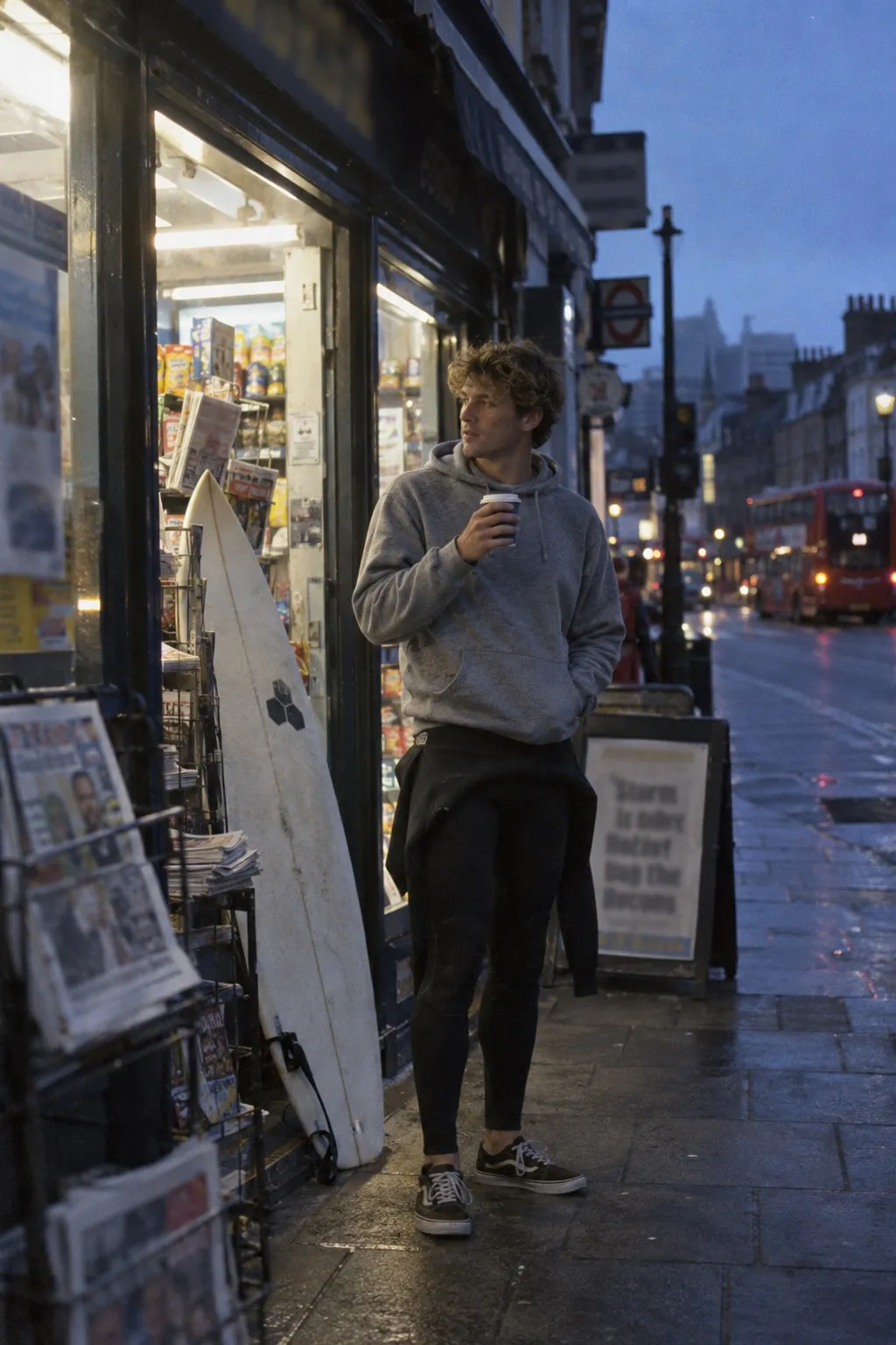 A surfer with tea outside a corner shop at dawn