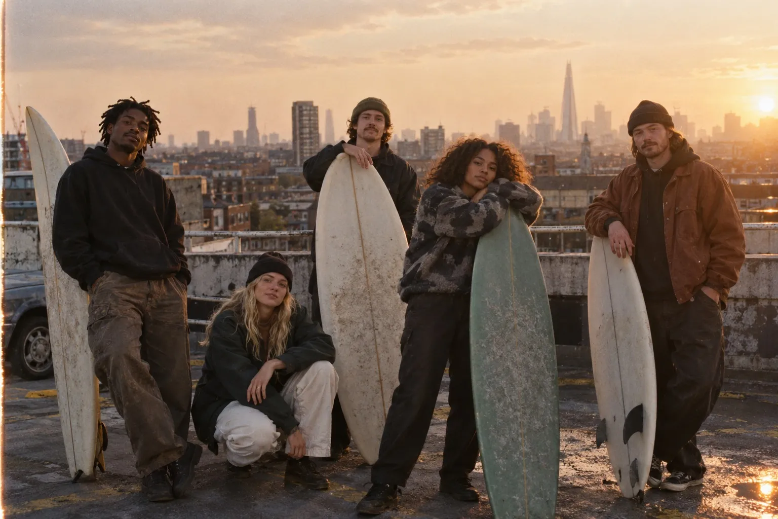 Club members with surfboards on a Peckham rooftop car park