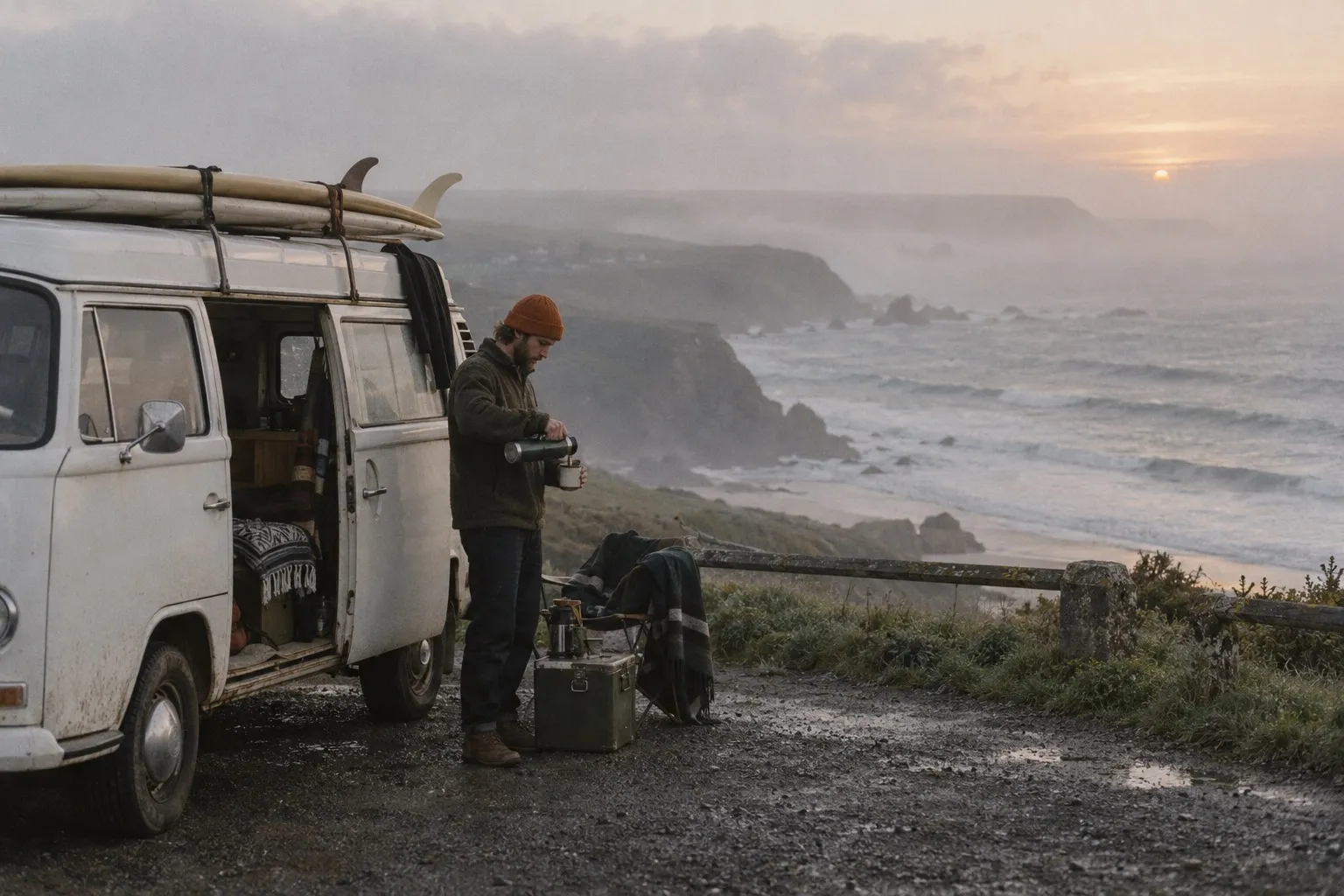 A van with surfboards on the roof at a Cornish clifftop at dawn