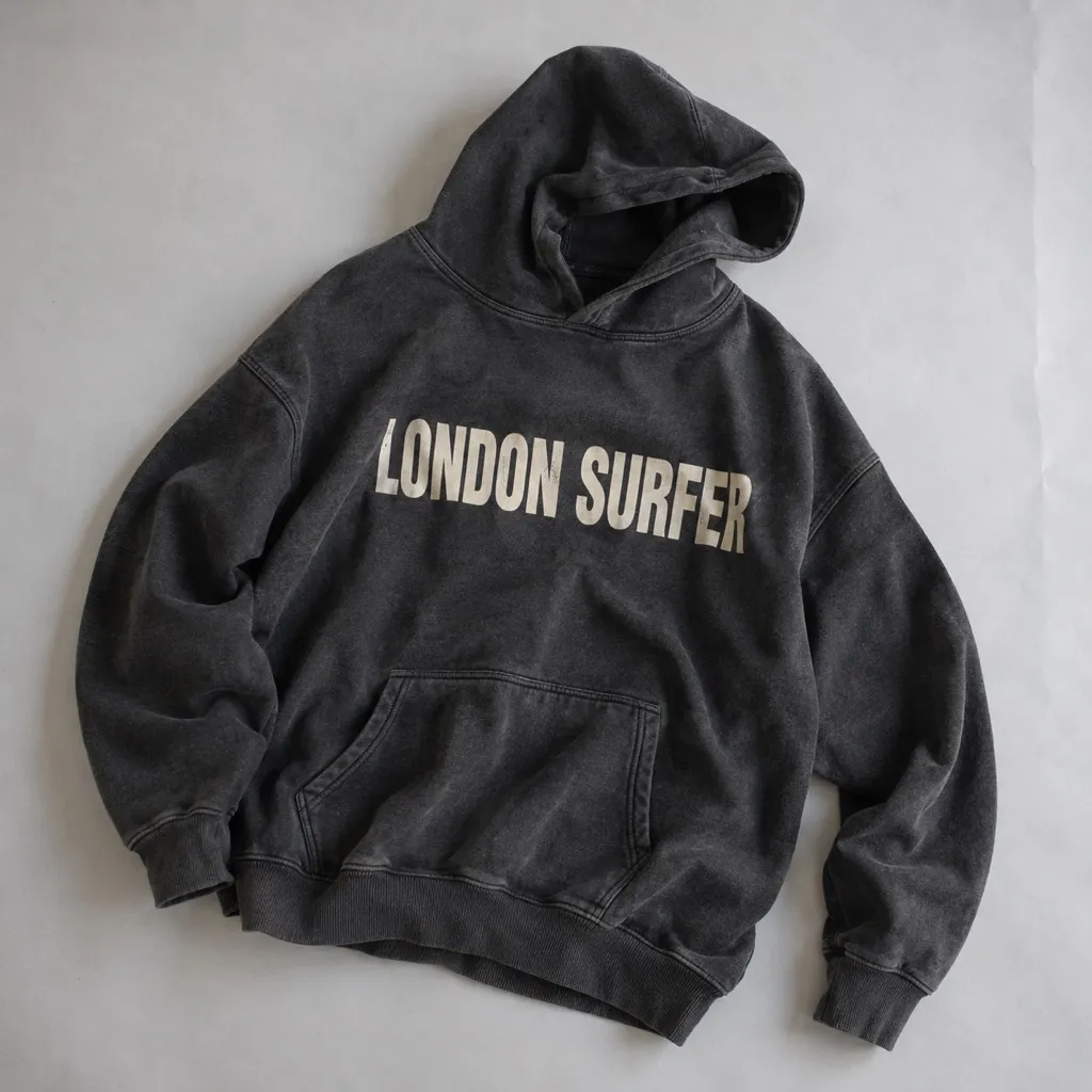 Washed black hoodie with London Surfer printed across the chest
